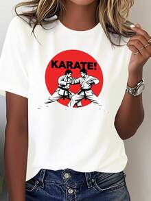 Camiseta Gráfica de Karate para Mujer - 100% Top Deportivo con Letras Kanji Japonesas y Diseño del Cinturón de Karate, Ropa Casual Todo el Año e I Para Outfi Diarios, Cómoda Y Transpirable, Lavable a Máquina, ¡Perfectaráctica o Salidas Informales! Estilo Relado Con Impresión en Negrita ¡KARATE! Y Texto ¡Karateka! ¡Blanca con Siluetas Rojas/Negros de Artistas Marciales - Blanco - Ver 2