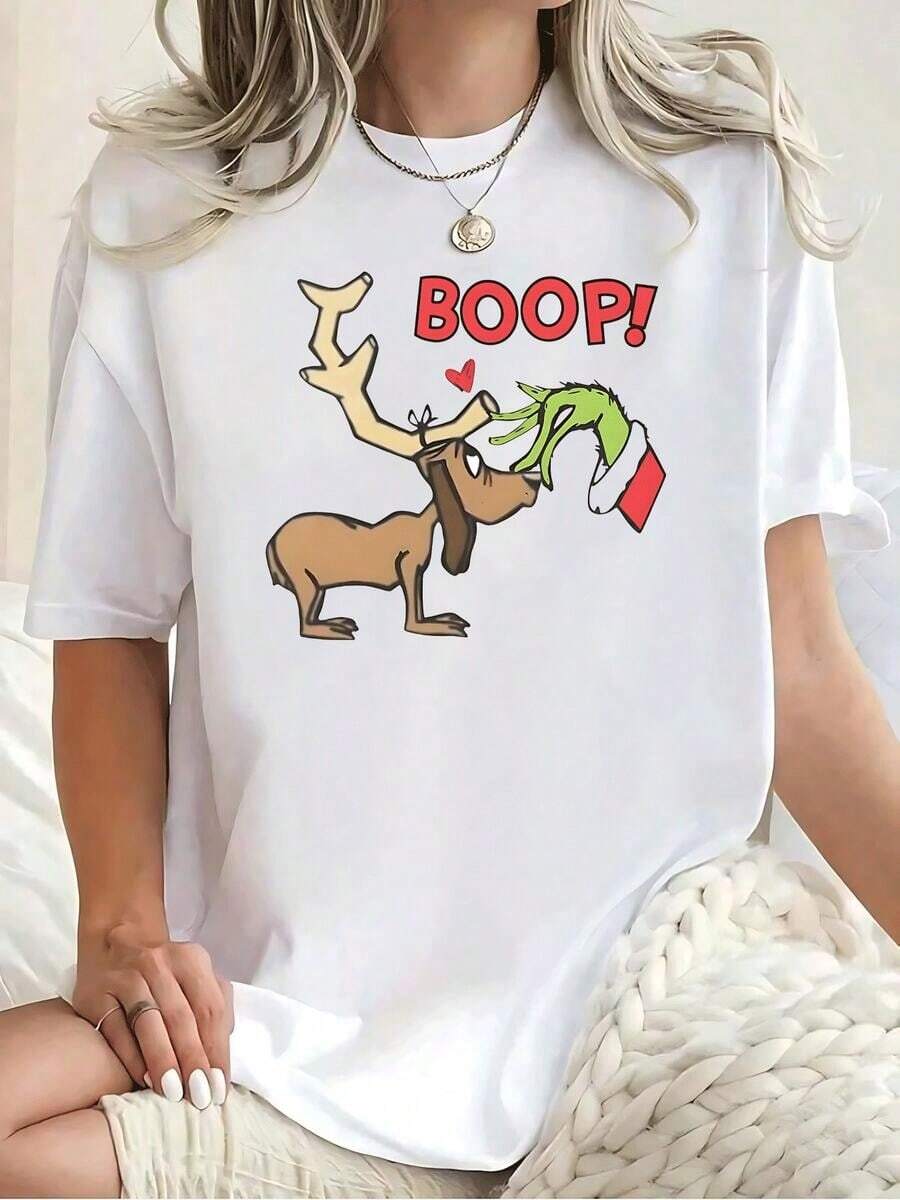 ¡BOOP!Camiseta de Algodón con Estampado de Astas de Reno para Mujer, Estilo Festivo y Divertido, Suave y Transpirable, Perfecta para Uso Casual, Fiesta de Navidad, Regalo Ideal para Ella |   Diseño exquisito |   Suelto y cómodo |   Fácil de combinar | - Blanco - Ver 1