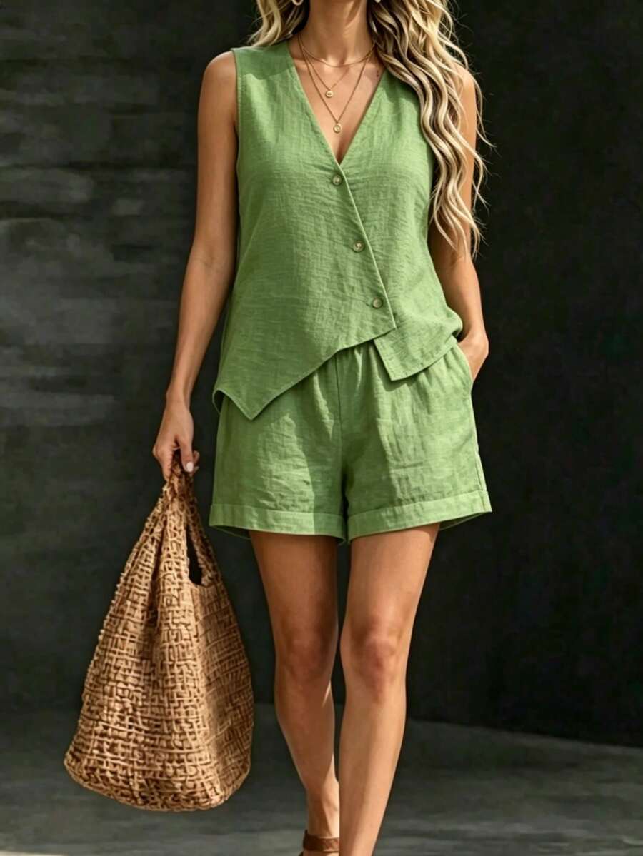 New Women's Fashion 2 Piece Outfits Sleeveless Wrap V Neck Blouse Vest And Shorts Set Casual Flowy Summer Outfits For Travel, Party, Daily Life - 綠色 - 查看 1