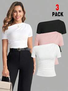Camiseta de moda de manga corta con hombros oblicuos y ajustada de unicolor para mujer, verano - Multicolor 5 - Ver 12