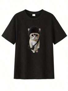 Camiseta de Hombre con Estampado de Gato de Dibujos Animados - Manga Corta Casual, Poliéster Transpirable, Camiseta de Moda de Verano, Camiseta de Gato, Pegatinas, Encantadora - Blanco - Ver 1