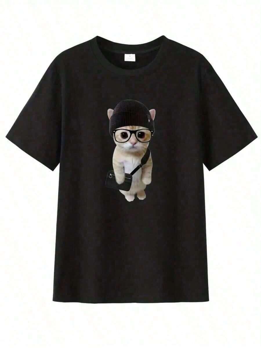 Camiseta de Hombre con Estampado de Gato de Dibujos Animados - Manga Corta Casual, Poliéster Transpirable, Camiseta de Moda de Verano, Camiseta de Gato, Pegatinas, Encantadora - Blanco - Ver 1