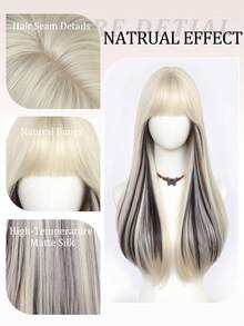 26 Inch Black Straight Layered Bangs Wig, Heat Resistant Synthetic Hair, Natural Daily Use - Black Highlight - View 3