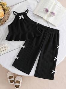 Baby Girls' Solid Color Spaghetti Strap Bowknot Ruffle Hem Top And Straight Leg Pants 2 Piece Outfit, Suitable For Daily Outings In Spring/Summer - Black - View 2