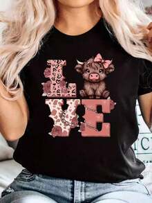 1 pieza. Diseñada con un lindo patrón de corazón de vaca de las Highlands, esta camiseta casual de algodón puro con cuello redondo para mujer es lavable a máquina, presenta un diseño moderno y es adecuada para vacaciones y días de descanso. Es un artículo imprescindible para regalos navideños y es adecuado para todas las estaciones. 180g 100% algodón. - Negro - Ver 1