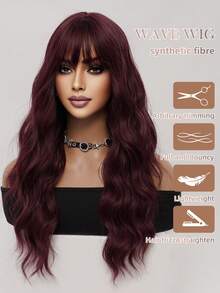 XOUJE 26 Inch Burgundy Long Wavy Wig With Bangs - Plum Red Heat Resistant Synthetic Machine Made Natural Hair For Women's Daily Wear, Cosplay & Party - Redwood - View 7