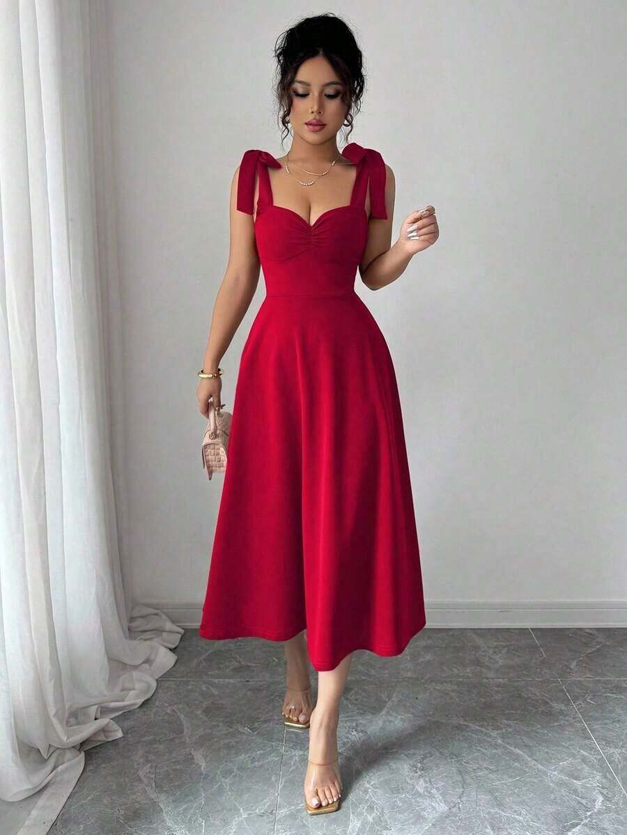 elegante y romántico para mujer con lazo decorativo en la cintura y corte evasé sin mangas - Rojo - Ver 1