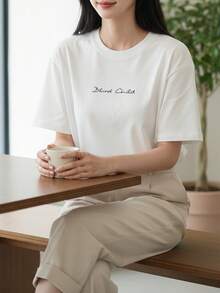 Camiseta vintage de manga corta con estampado de letras, estilo casual, elección perfecta para el verano, moda femenina cómoda - suave y transpirable, adecuada para el uso diario informal. - Blanco - Ver 3