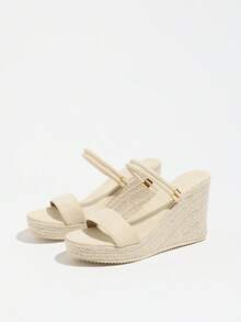 Women's Wedge Thick Bottom Sandals, Woven Straw Rope, Minimalist Strap Two-Way Wear Round Toe High Heel Slides,Summer Sandals - Apricot - View 7