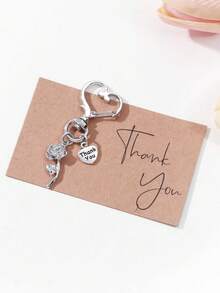 1 pieza Llavero con forma de corazón de flor de rosa de aleación de plata con colgante "Gracias", regalo de tarjeta de bendición para amigos - Plata antigua - Ver 7