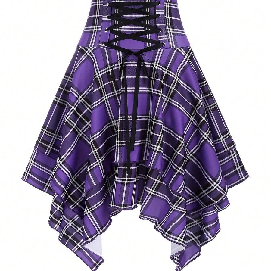 Plaid Print Lace-Up Layered Irregular Handkerchief Skirt - 白色 - 查看 1