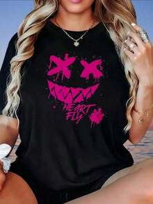 Camiseta Blanca Holgada con Estampado de Cara de Graffiti y Corazón Volador para Mujer, Top Casual de Manga Corta, Camiseta Gráfica de Moda de Verano, Camiseta de Mujer, ropa de calor mujer, blusas de mujer, S-3XL - Negro - Ver 6