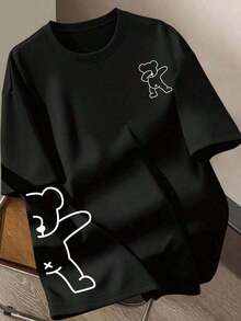 1 pieza Camiseta de manga corta con cuello redondo y estampado de oso de dibujos animados para mujer, estilo vintage - Negro - Ver 7