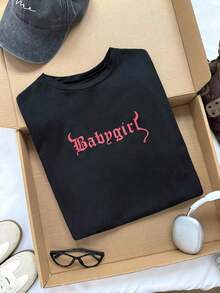 Camiseta de hombros caídos con estampado de letra - Negro - Ver 6