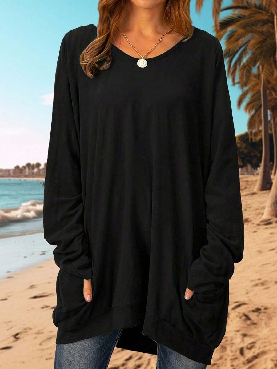 Nueva sudadera talla grande, diseño de ajuste holgado para efecto estilizante, color negro, tela de punto con acabado cepillado para un ambiente de ropa de calle, adecuada para vacaciones, citas, entrevistas, graduaciones, Día de la Madre, unisex