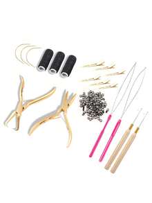 Juego de alicates de eslabones microméticos de acero inoxidable, 200 piezas de anillos de silicona de 4 mm, agujas de coser, hilos, kit de herramientas para extensiones de cabello, festival, fiesta - Dorado - Ver 3
