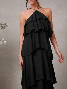 Vestido largo elegante y romántico de gasa con cuello de halter y volantes para invitados a una boda - Negro - Ver 5