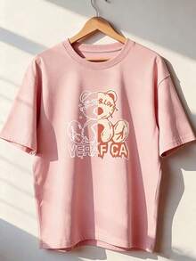 Short-Sleeve T-Shirt With Funny Bear And Youthful Calligraphy, Fashionable Short-Sleeve T-Shirt For Spring And Summer 2026, Made In Mexico, 180 Grams. Cartoon Print, Couple Design, Suitable For Indoor Or Outdoor Wear. Crew Neck, Unisex, Ideal For Office And Leisure. One-Pack. - PK-P631577SLNDXZGY396 - 查看 1