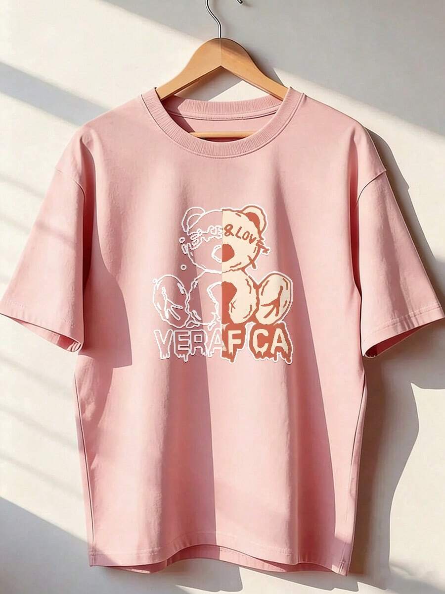 Short-Sleeve T-Shirt With Funny Bear And Youthful Calligraphy, Fashionable Short-Sleeve T-Shirt For Spring And Summer 2026, Made In Mexico, 180 Grams. Cartoon Print, Couple Design, Suitable For Indoor Or Outdoor Wear. Crew Neck, Unisex, Ideal For Office And Leisure. One-Pack. - PK-P631577SLNDXZGY396 - 查看 1