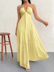 Vestido maxi sin espalda con cuello halter de crepé y lazo para ocasiones en complejos turísticos y bodas - Amarillo - Ver 7