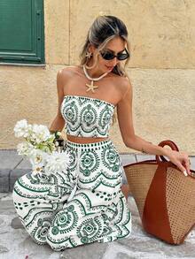 Frenchy Conjunto de 2 piezas de top tubo corto y pantalones de pierna ancha con estampado de plantas para vacaciones de mujer - Verde - Ver 5