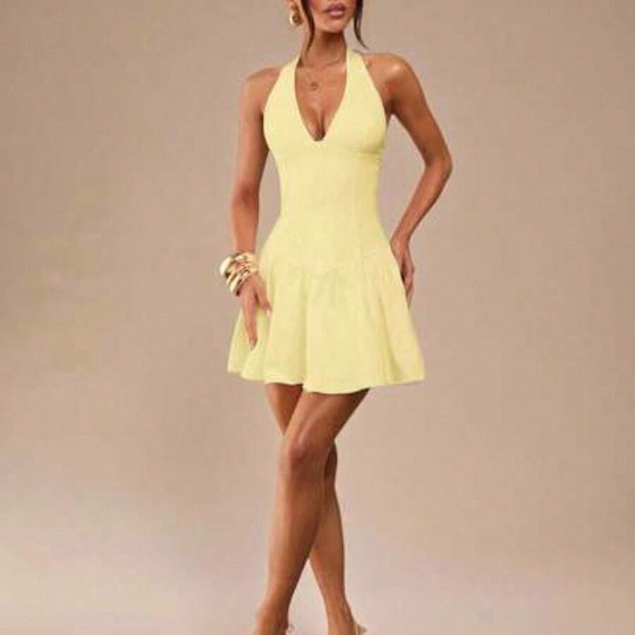 Simple Solid White Deep V-Neck Fitted Mini Dress For Women, Elegant White Dress, Beach Holiday Dress, Graduation/School Season White Dress - Amarillo - Ver 1