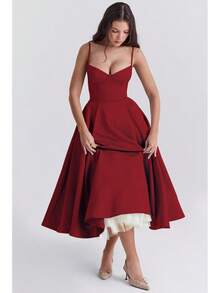 Sweetheart Neck Satin Midi Dress, Spaghetti Strap Flared Prom Dress With Pockets For Wedding & Formal Events - 紅色 - 查看 6