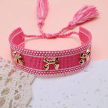 1pc Bowknot Bracelet, Creative Leopard Print, Handmade Woven Vintage Tassel Adjustable Boho Bracelet, Suitable For Women Party, Travel, Daily Wear - Pink - View 5