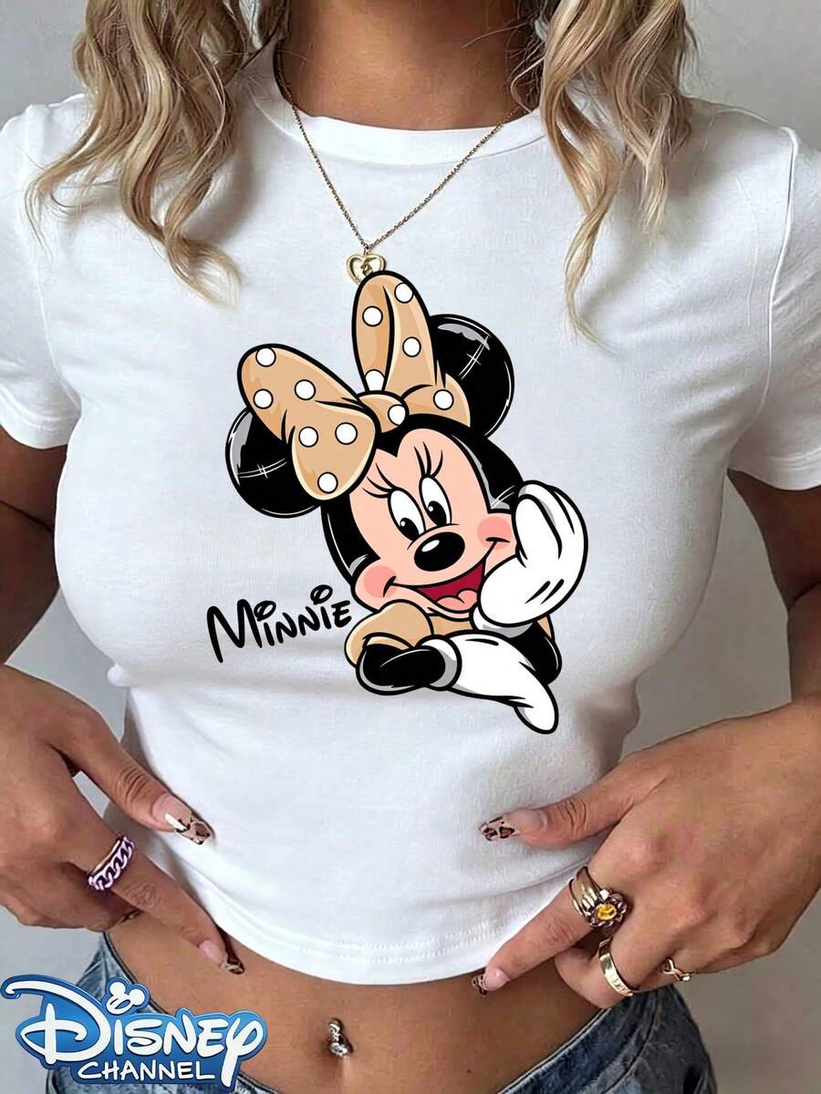 Genuine Disney New Cute Minnie Mouse With Polka Dot Bow Print Design, Ladies' Casual Short T-Shirt With Round Neck And Slim Fit, Basic Polyester Fiber Tops In Summer Are Versatile For Everyday Wear, Comfortable And Loose, Ideal For Giving Her A Perfect Gift, Washable, Holiday Outfits For Women Festival Outfits Women Lineshirt Women White Top. - White - View 1