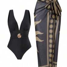 Swim Oasis 2pcs Women Solid Green Bandage Swimsuit & Net Printed Long Skirt Beach Vacation Swimwear Set For Summer - Negro - Ver 1