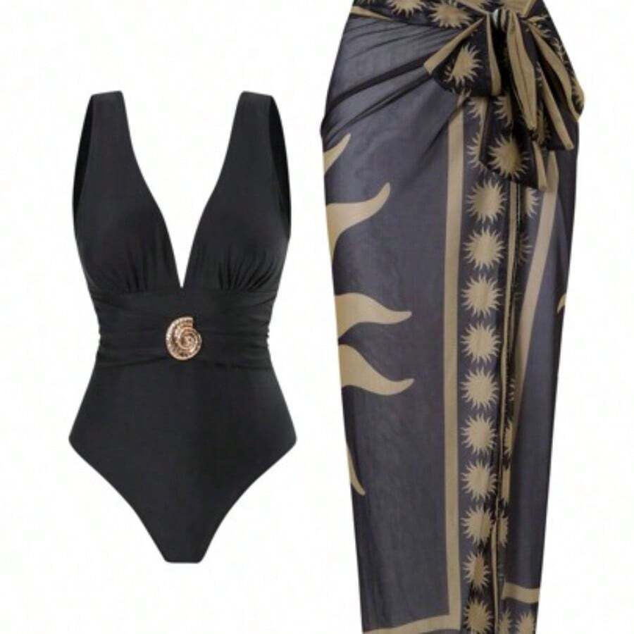 Swim Oasis 2pcs Women Solid Green Bandage Swimsuit & Net Printed Long Skirt Beach Vacation Swimwear Set For Summer - Negro - Ver 1