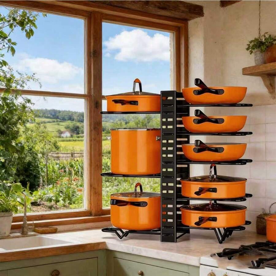 1 Set Pot And Pan Storage Rack For Cabinets, Upgraded Pot And Pan Storage Rack For Kitchen Storage, Larger Size Pot Lid Storage Rack With 5/8 Layers And 3 DIY Methods, Kitchen Accessories, Black - Multicolor - View 1