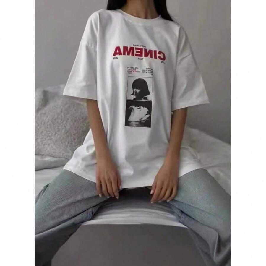 Camiseta de manga corta de verano, resistente, de estilo hip-hop americano urbano, con estampado de letras, holgada, de marca de moda urbana. - Blanco - Ver 1