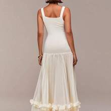 Sleeveless Square Neck Design, Knit Elastic Fabric Patchwork, Pleated Design, Ruffle Trim Detail, Extra Long Women's Dress, Suitable For Parties, Gatherings, Weddings, Spring Festival, Valentine's Day, Dates, Apricot Color, Summer Dress, Wedding Guest Dress, Romantic Dress - Albaricoque - Ver 6