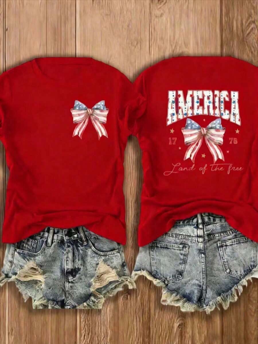 Western 4th Of July T-Shirt Made In America, 4th Of July T-Shirt, 4th Of July Country T-Shirt, Western T-Shirt, Country Concert T-Shirt, Music Festival T-Shirt, Women's Short Sleeve Crew Neck Print T-Shirt - Casual Daily Wear, Sports & Fitness, For Everyone (Perfect For Valentine's Day) - 紅色2 - 查看 1