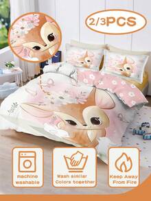 2/3PCS Cartoon Spotted Deer Duvet Cover Set(Four Season Collection) Double-Faced Duvet Cover Set For Children'S Machine Washable Bedroom Boys Girls Dorm Children's Gift During Holidays 100% Polyester Size: 90x200 135x200 140x210. Comes With A Pillowcase (No Filling Material). - Multicolor - View 5