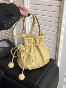 New Solid Color Drawstring Bucket Bag, Casual Cute Mini Shoulder Crossbody Bag - Yellow - View 1