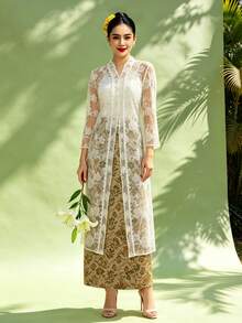 Đầm dài dự tiệc màu trắng thanh lịch, chất liệu ren xuyên thấu, dành cho nữ. - trắng - Xem 2