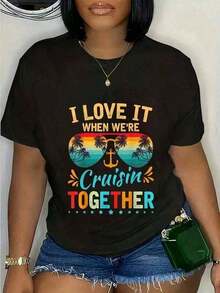 Cruise 2026 Outfits Family Couples Casual Short Sleeve Crew Neck T-Shirts For Women, Comfortable Pure Cotton T-Shirt With Fashionable Sporty Letter Print, Unisex Design For Couples, Y2K Urban Style, Suitable For Festival Celebrations, Mother's Day, Father's Day, Independence Day, Birthday Gift For Women. - 黑色 - 查看 6