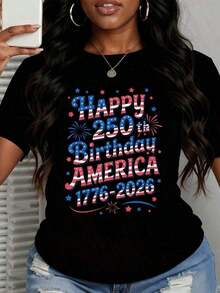 Happy 250th Anniversary Of America's Independence 1776-2026, Women's Independence Day Patriotic T-Shirt, White Graphic Tee, Celebration Tee With US Flag Design - 黑色 - 查看 2