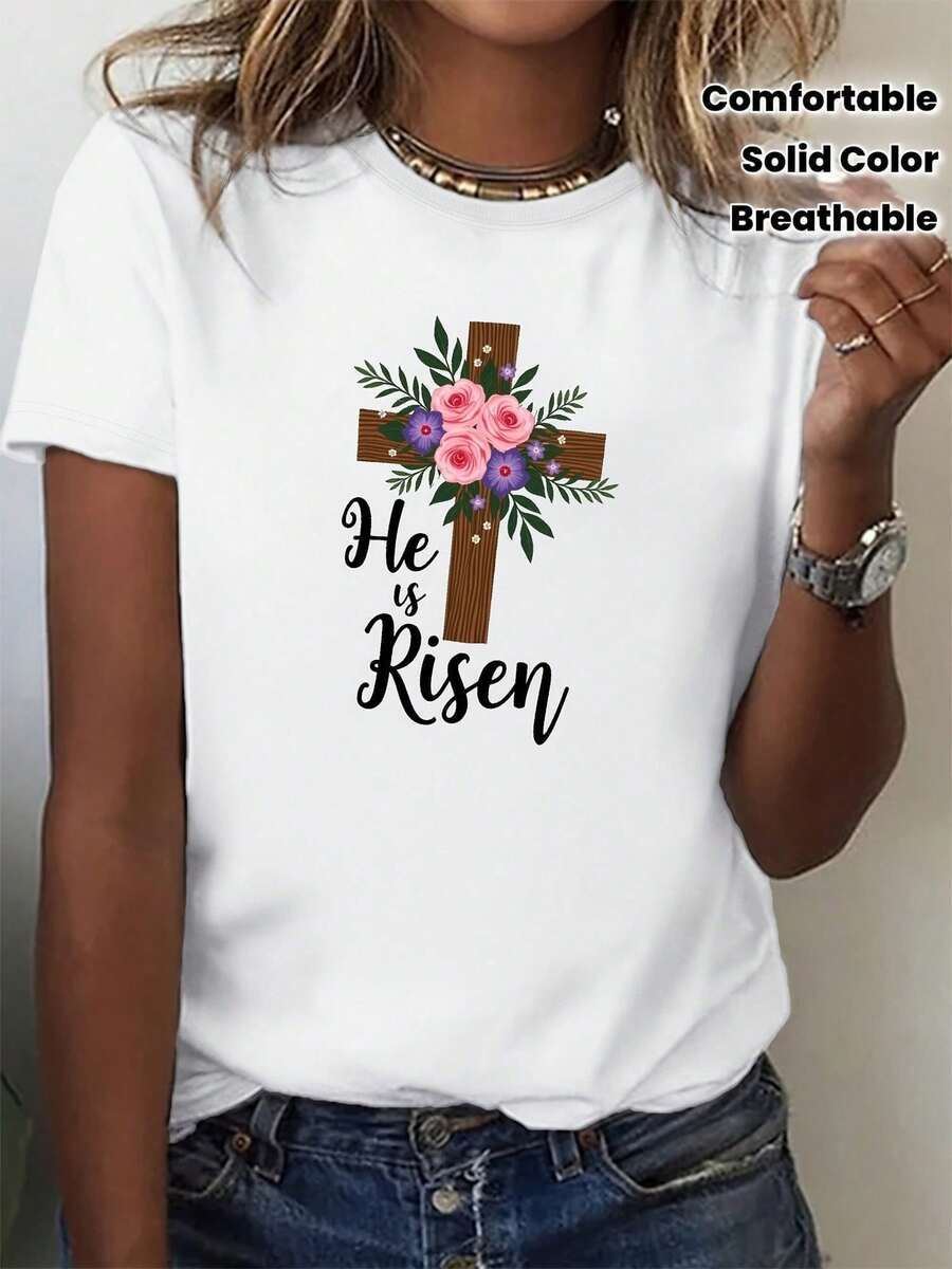 Camiseta Teediy para Mujer con Fe Cristiana, Cruz Floral y Estampado "Él Ha Resucitado" - Ajuste Cómodo, Manga Corta, Cuello Redondo, Ropa Casual para Iglesia, Ropa de Pascua, Color Sólido y Transpirable - [Blanco] - Ver 1