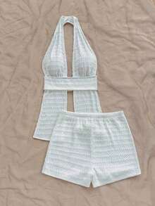 Conjunto de 2 piezas de top halter y shorts de moda para mujer de vacaciones - Blanco - Ver 6