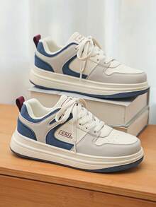 Zapatos de skate con bloqueo de color retro, parche de PU y patrón de letras con cordones para hombres. Zapatillas deportivas casuales cómodas y minimalistas para caminar al aire libre, tallas grandes para parejas - Milán - Ver 8