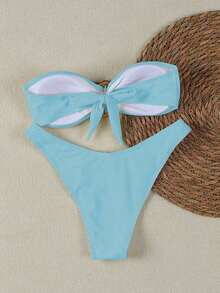 Nuevo conjunto de bikini negro sólido, sexy, elegante, casual, para playa, vacaciones y citas, sin tirantes, para primavera/verano - azul claro - Ver 2