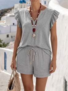 Elegaris 1pc Solid Color Knit Fabric Ruffle/Flounce Top, Casual Home Wear, Spring/Summer - Light Grey - View 1