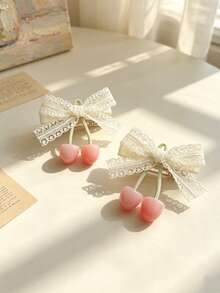 2pcs/Set Girls' Burgundy Cherry Hairclips, Vintage Sweet Bow Side Clips, Versatile Hair Accessories For Parties And Occasions - Multicolor - View 16