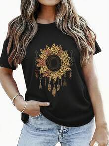 Camisetas de mujer, ropa de verano para mujer, ropa de moda para mujer, fiestas de cumpleaños, temas festivos, salidas diarias, estampado casual deportivo de girasoles y leopardo. - Negro - Ver 1