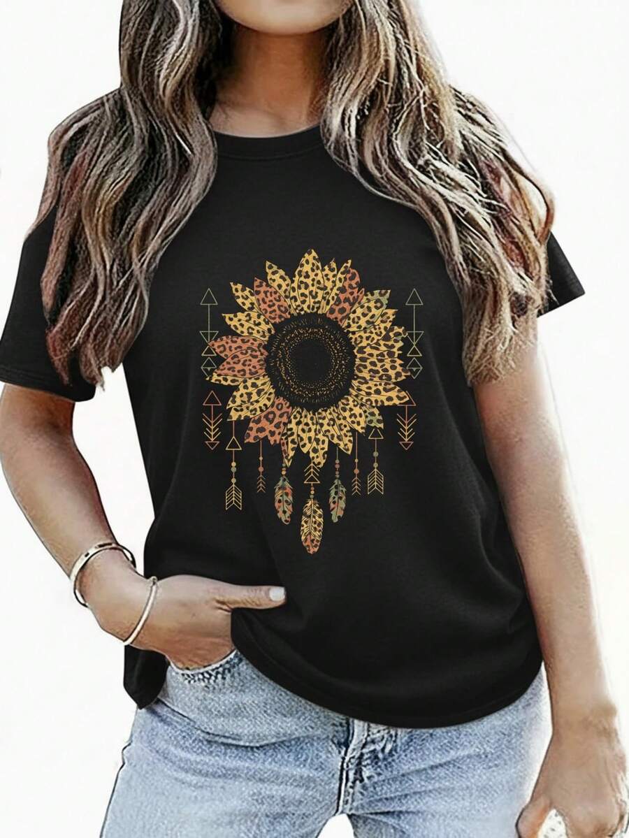 Camisetas de mujer, ropa de verano para mujer, ropa de moda para mujer, fiestas de cumpleaños, temas festivos, salidas diarias, estampado casual deportivo de girasoles y leopardo. - Negro - Ver 1