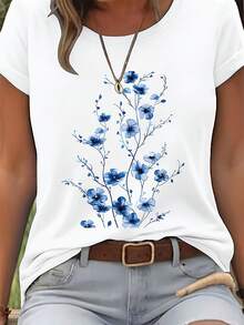 Soft 100% Cotton Women's T-Shirt, Short-Sleeved Blouse With Watercolor Floral Print - Round Neck T-Shirt For Spring And Summer, Breathable Casual Top With Floral Print, Suitable For Birthday Gifts, Mother's Day, Gifts For Sisters And Friends. Breathable Cotton T-Shirt, Goes With Everything. - 白色 - 查看 6