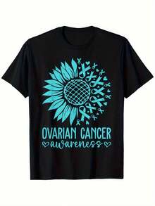 Camiseta de Concienciación sobre el Cáncer de Ovario -  Pesado de 180gsm con Diseño de Lazo Turquesa y Girasol - Camiseta Holgada para Mujeres y Hombres (Tallas S-2XL) - Ropa de Donación para Grupos de Apoyo al CO - Negro - Ver 1